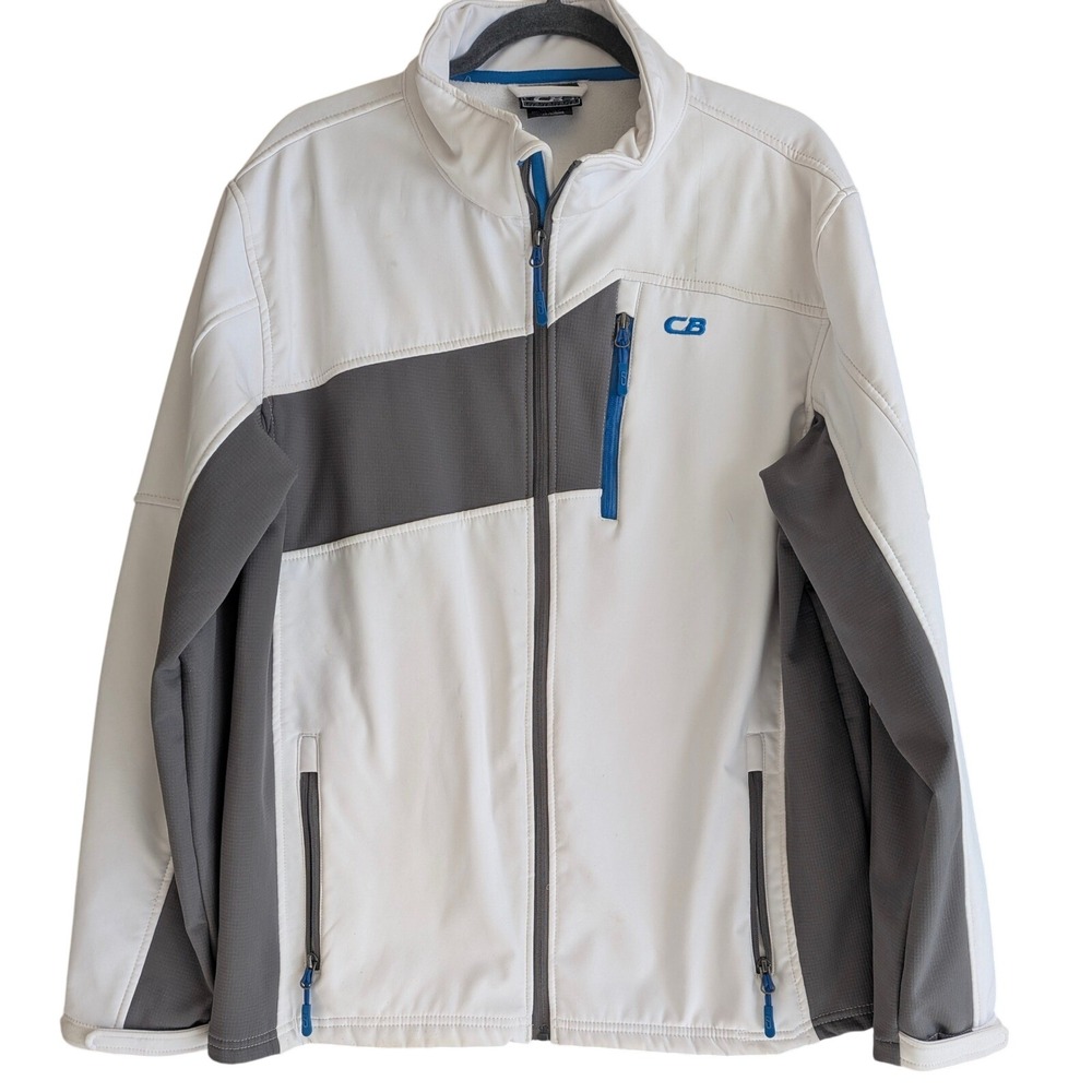 CB Sports Mens Softshell Jacket White Grey Full Zip Fleece Lined Mock Neck XL